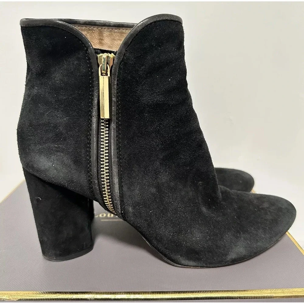 Louise et Cie‎ Boot Womens 10M Black Suede Sheep Trim Zip Ankle Heel Boots